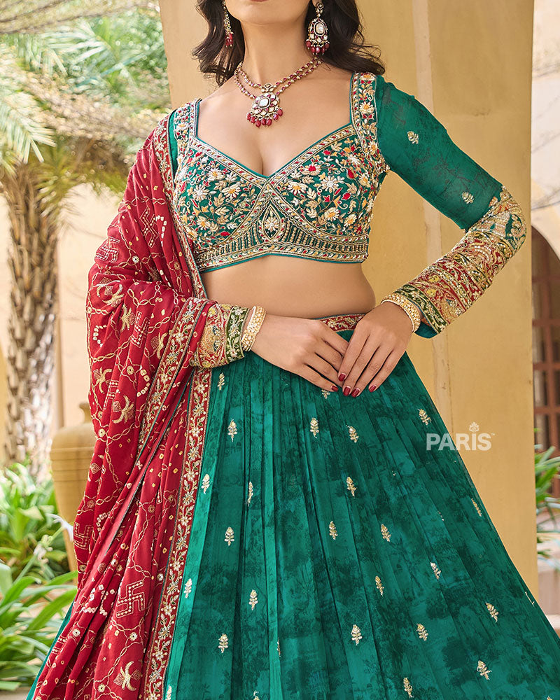 Dark Green Elephant Motif Intricate Embroidered Lehenga Choli with Maroon Dupatta