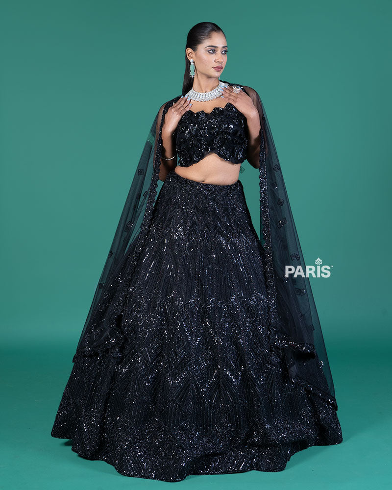Black Sequined Lehenga Choli with Embellished Crop Choli and Net Dupatta