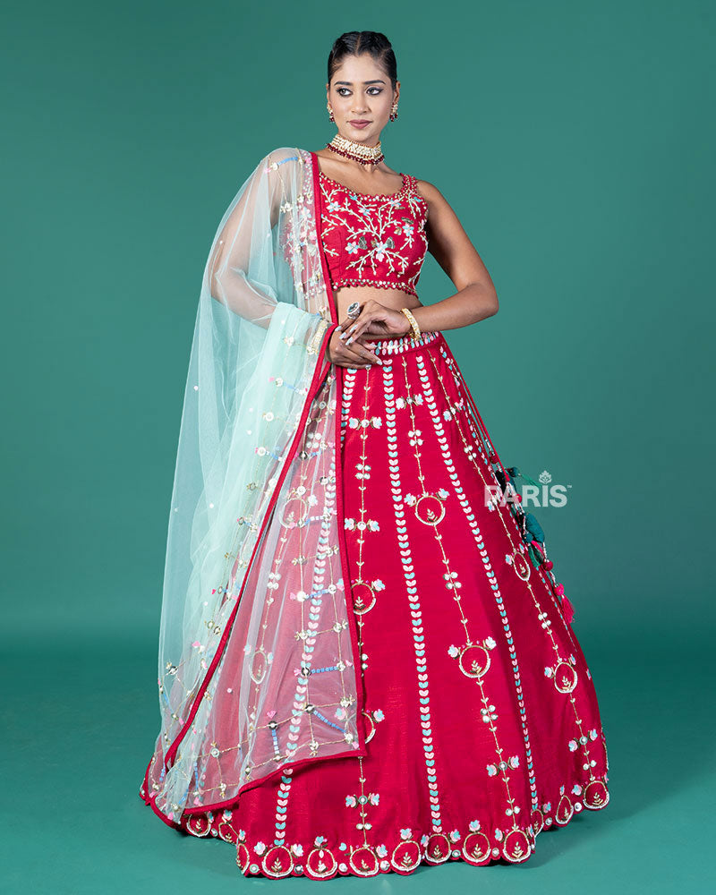 Red Embellished Lehenga Choli with Net Dupatta