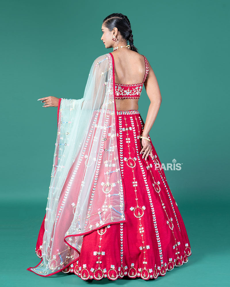 Red Embellished Lehenga Choli with Net Dupatta