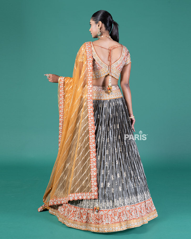 Burnt Orange and Grey Embellished Lehenga Choli with Dupatta