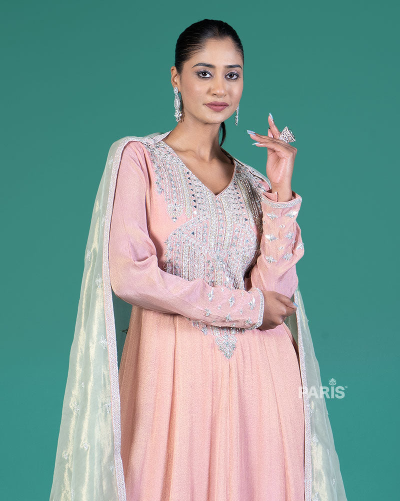 Dusty Rose Beaded Embellished Gown with Sage Green Dupatta