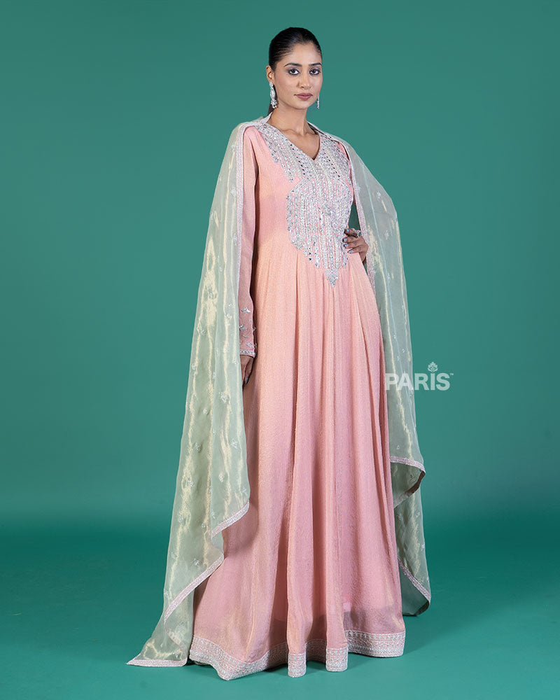 Dusty Rose Beaded Embellished Gown with Sage Green Dupatta