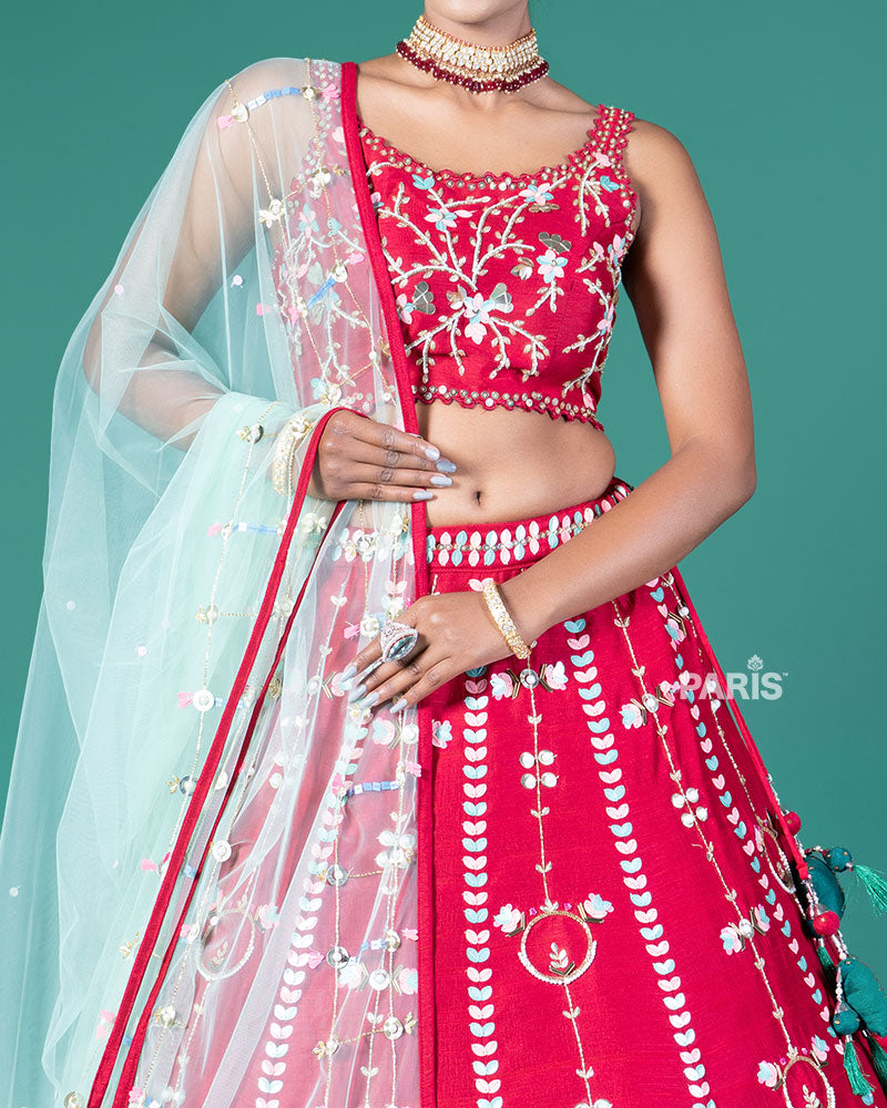 Red Embellished Lehenga Choli with Net Dupatta