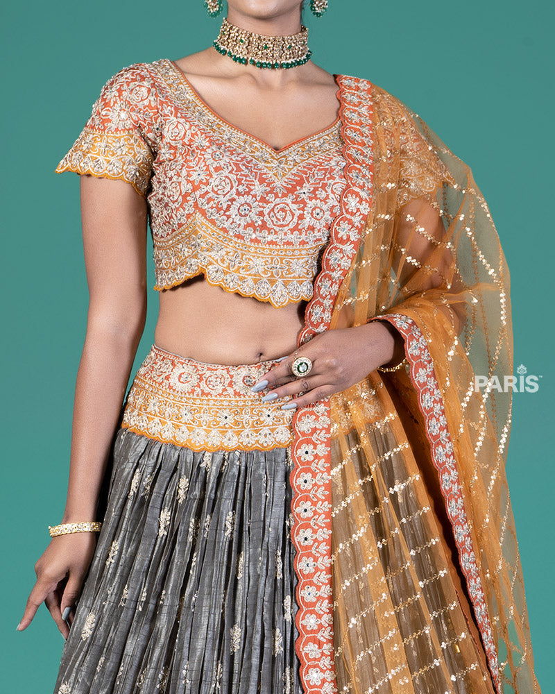 Burnt Orange and Grey Embellished Lehenga Choli with Dupatta