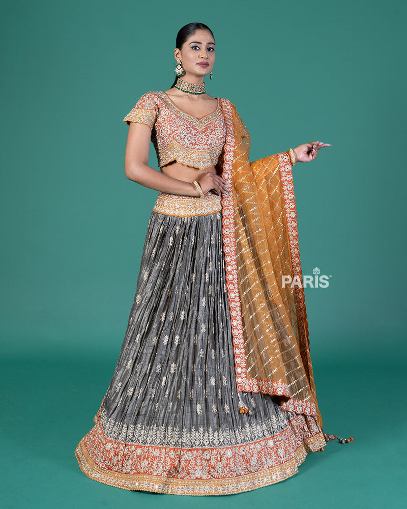 Burnt Orange and Grey Embellished Lehenga Choli with Dupatta