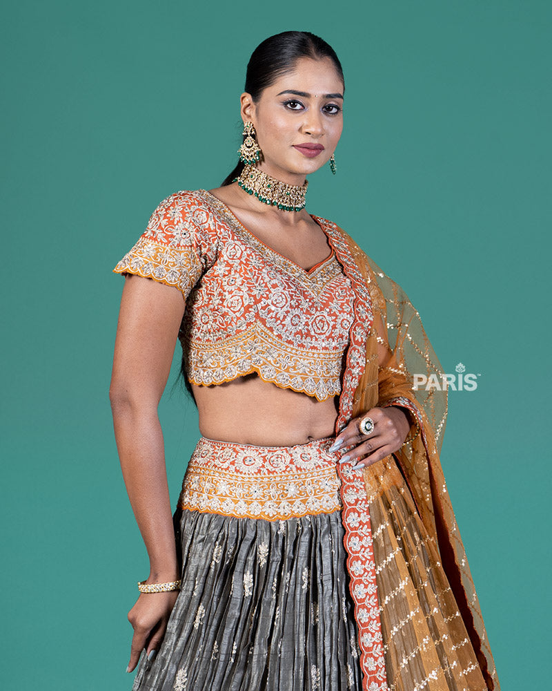 Burnt Orange and Grey Embellished Lehenga Choli with Dupatta