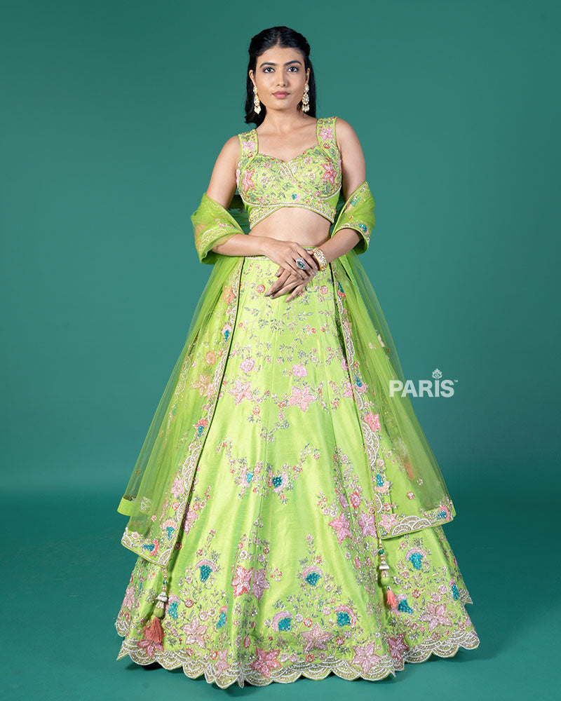 Lime Green Embellished Lehenga Choli with Net Dupatta