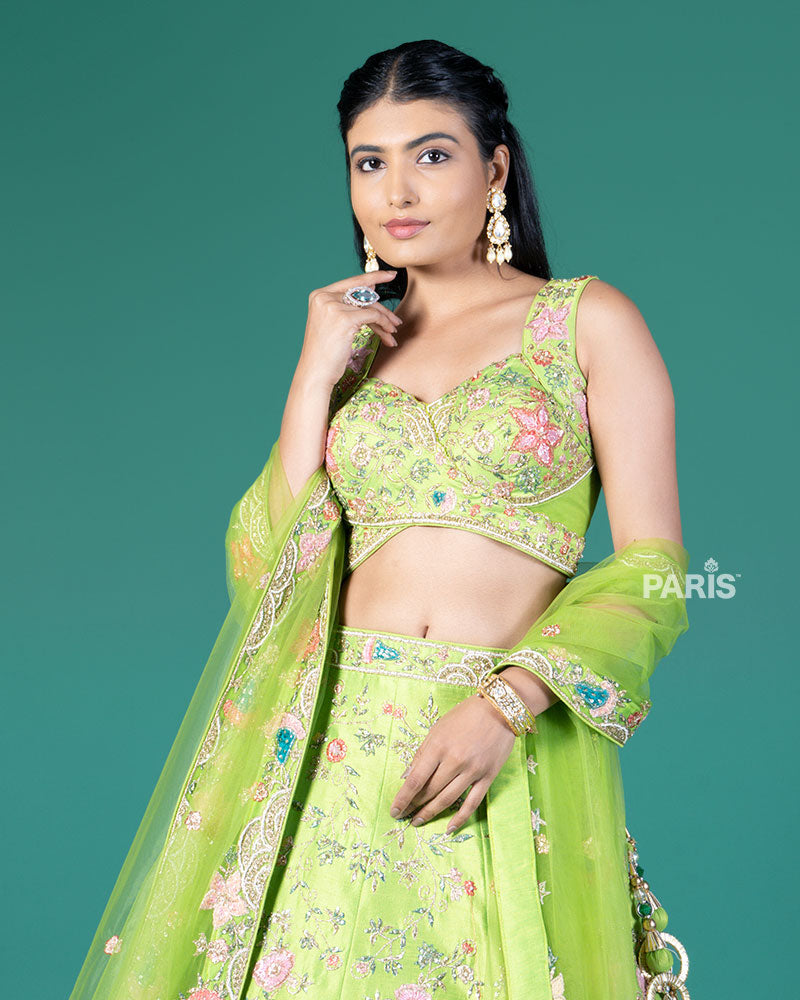 Lime Green Embellished Lehenga Choli with Net Dupatta
