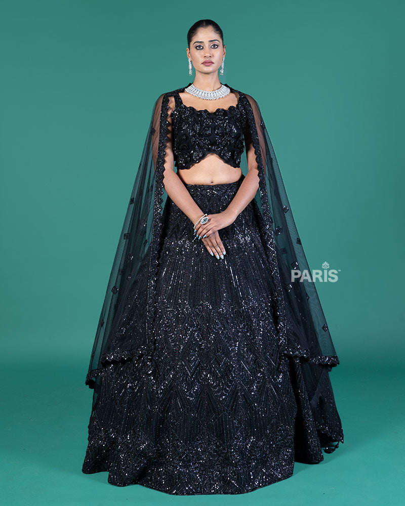 Black Sequined Lehenga Choli with Embellished Crop Choli and Net Dupatta