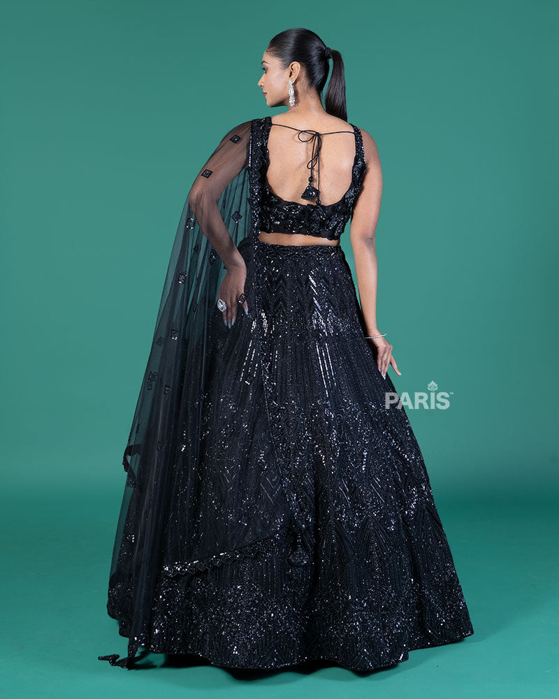 Black Sequined Lehenga Choli with Embellished Crop Choli and Net Dupatta