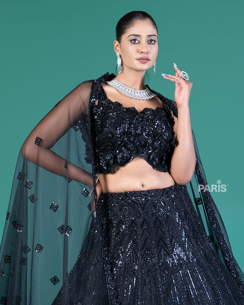 Black Sequined Lehenga Choli with Embellished Crop Choli and Net Dupatta