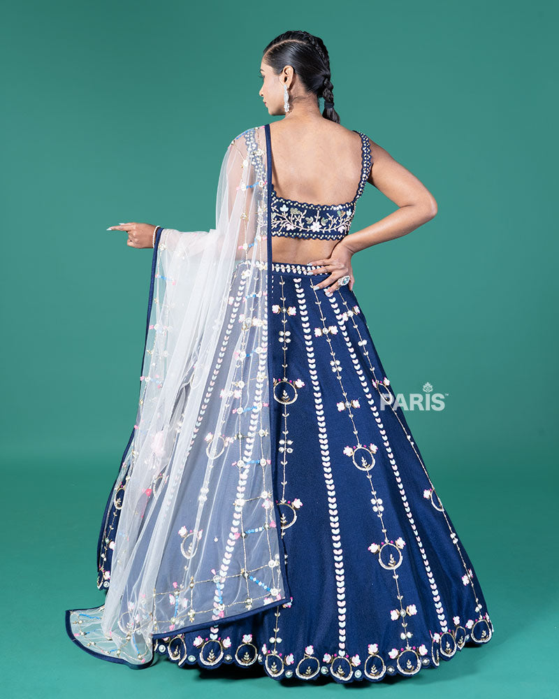 Navy Blue Embellished Lehenga Choli with Net Dupatta
