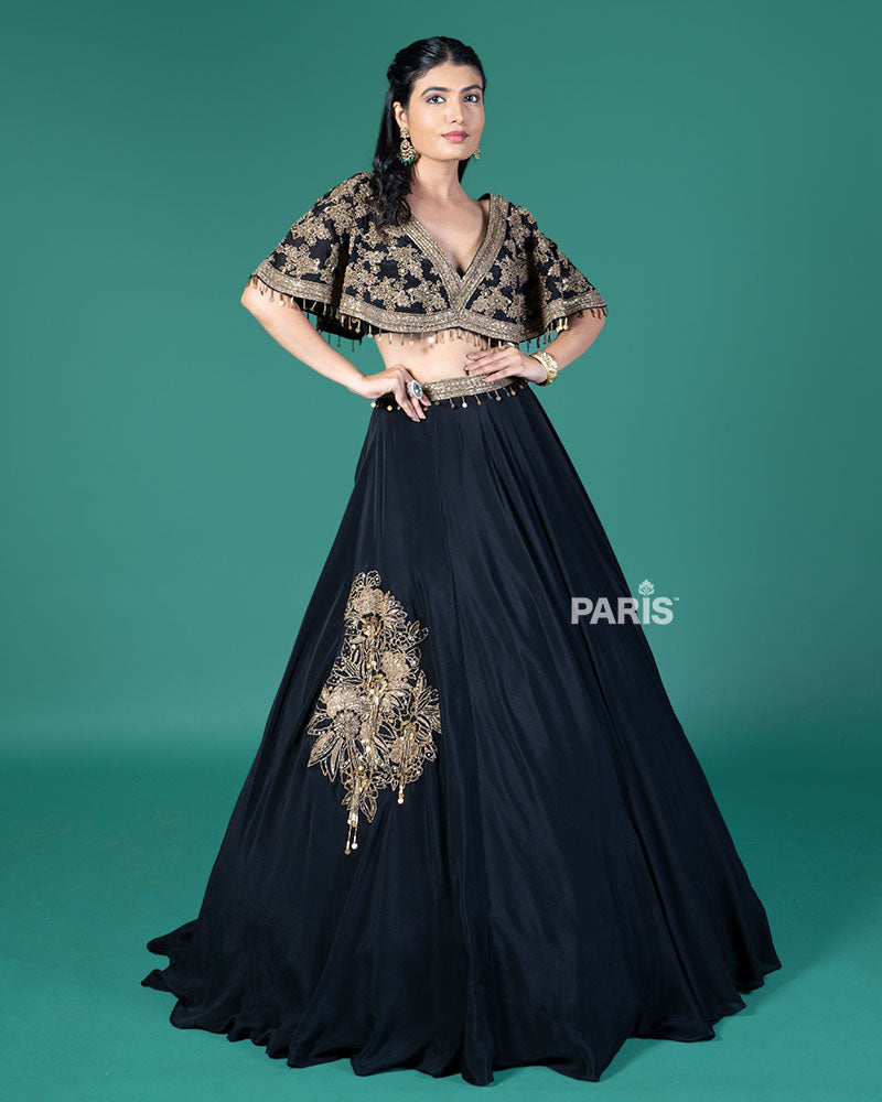Black and Gold Embroidered Lehenga Choli with Feather Design