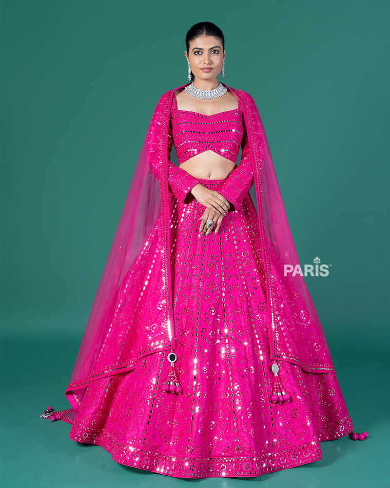 Hot Pink Mirror Embellished Lehenga Choli with Dupatta