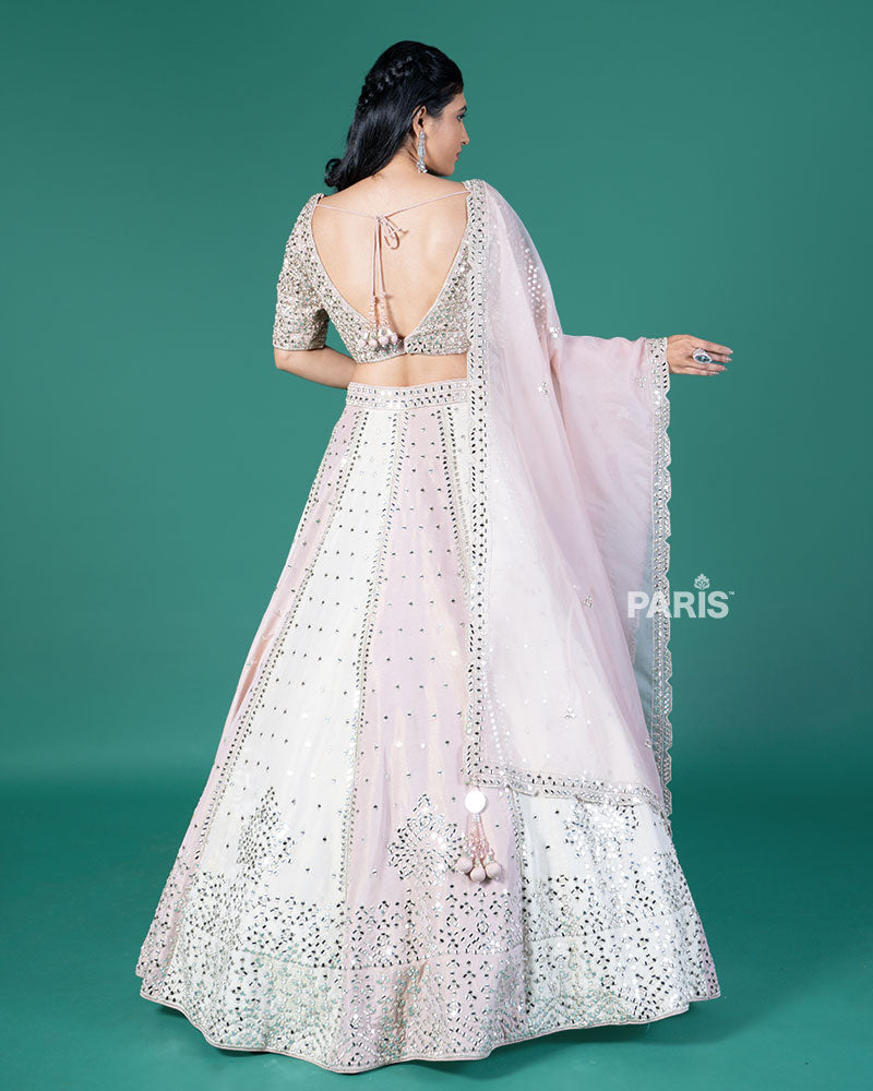 Pink and Cream Mirror Embellished Lehenga Choli with Dupatta