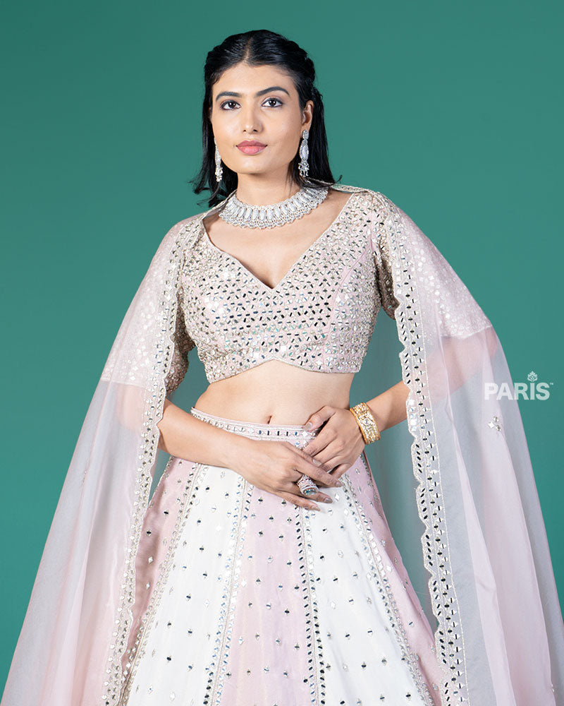 Pink and Cream Mirror Embellished Lehenga Choli with Dupatta