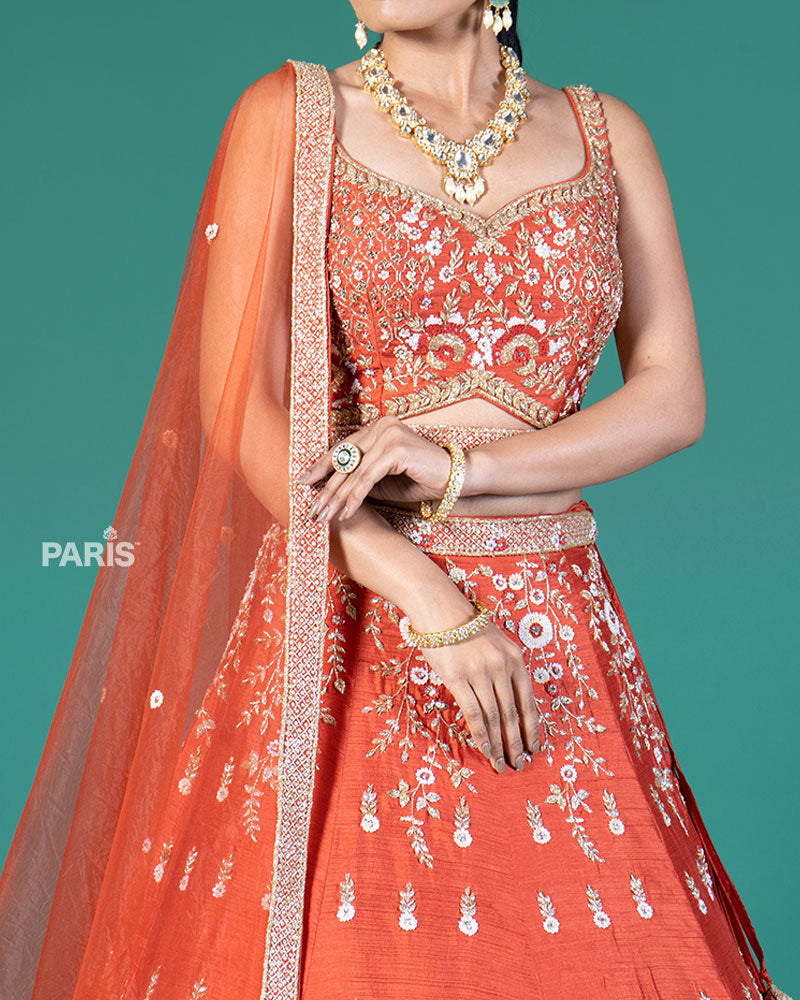 Rust Orange Embellished Lehenga Choli with Dupatta and Belt