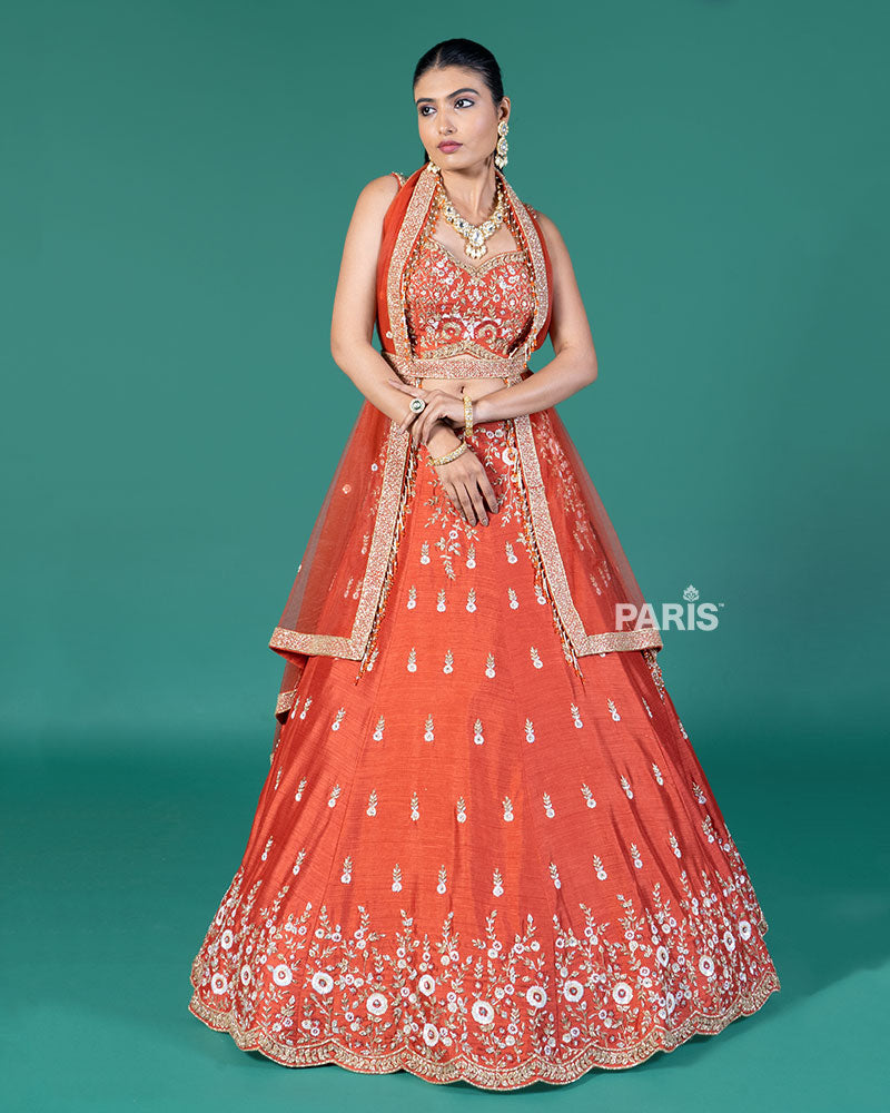 Rust Orange Embellished Lehenga Choli with Dupatta and Belt