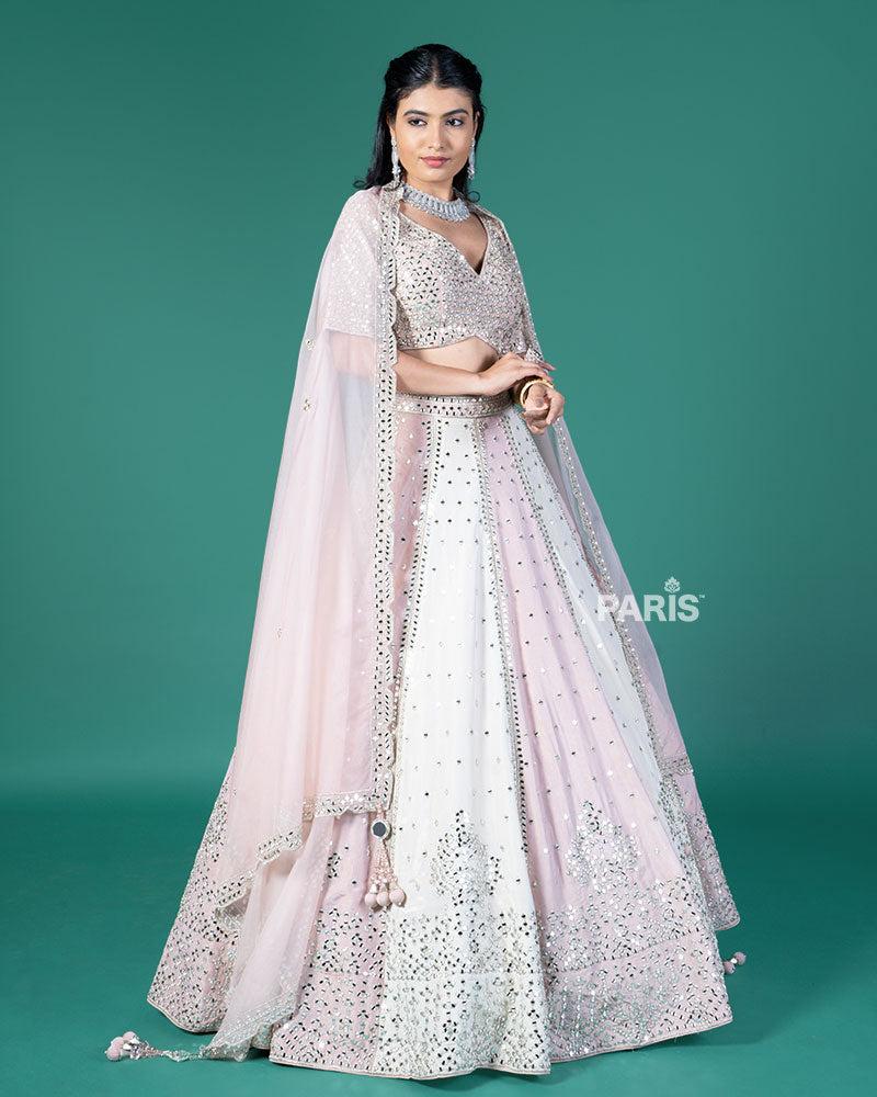 Pink and Cream Mirror Embellished Lehenga Choli with Dupatta