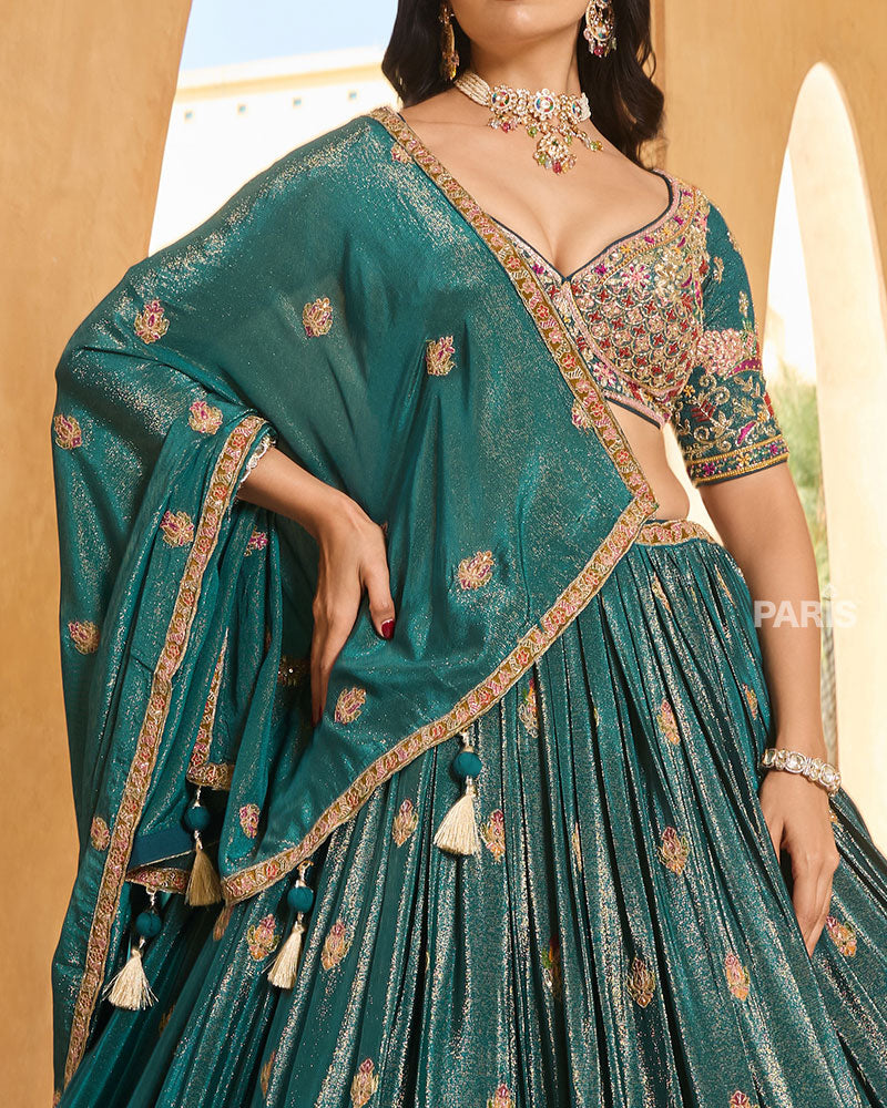 Teal Golden and Pink Embroidery Embellished Lehenga Choli with Matching Dupatta