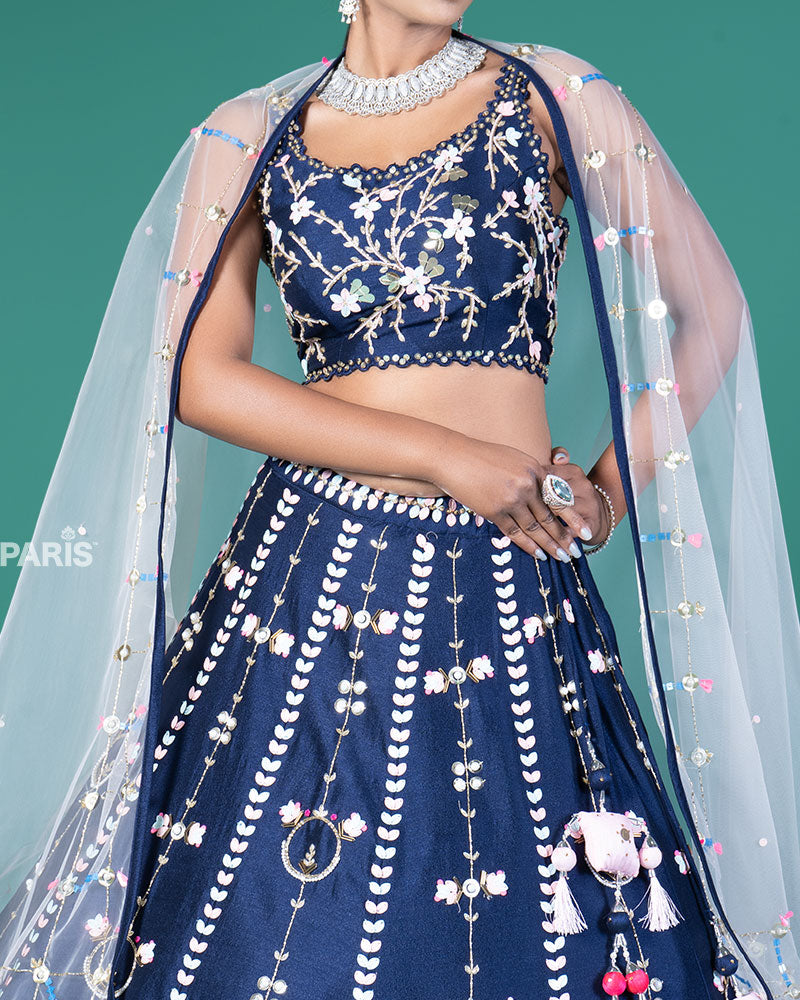 Navy Blue Embellished Lehenga Choli with Net Dupatta