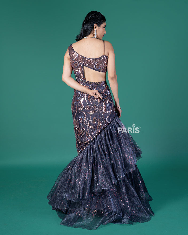 Dark Purple Sequined Tiered Mermaid Gown