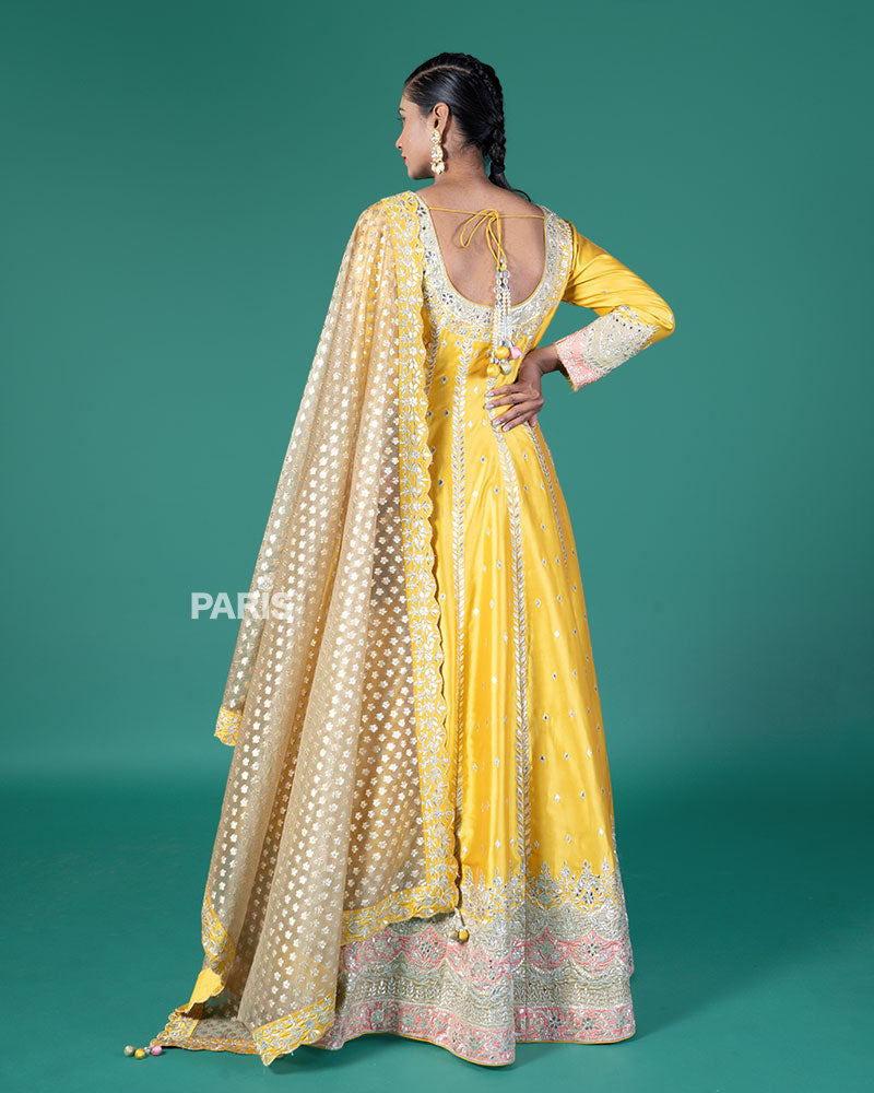 Mustard Yellow Embroidery Embellished Anarkali with Dupatta