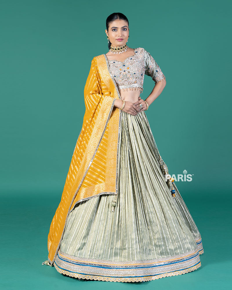 Pista Silver Pleated Lehenga and Embroidered Gray Choli with Mustard Dupatta