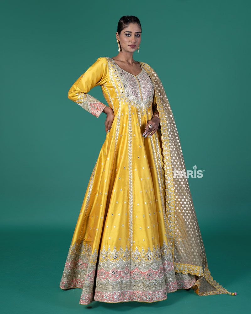 Mustard Yellow Embroidery Embellished Anarkali with Dupatta