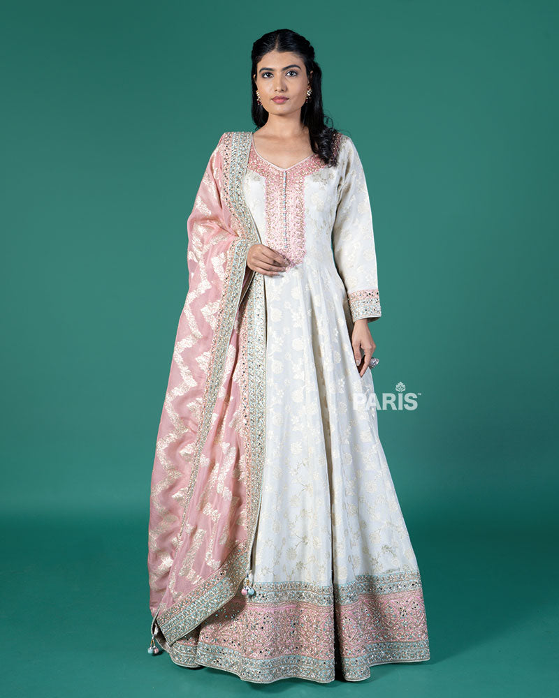 Cream Zari Embroidery Embellished Anarkali with Rose Pink Dupatta