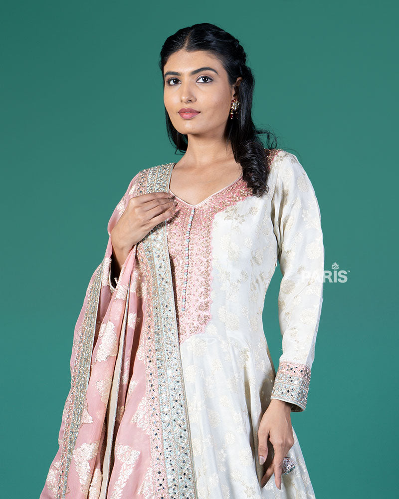 Cream Zari Embroidery Embellished Anarkali with Rose Pink Dupatta