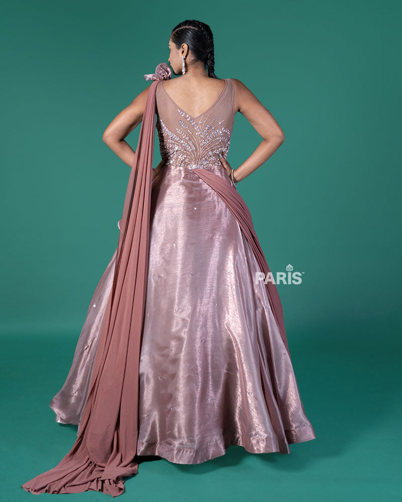 Brown Embellished Gown with Draped Dupatta