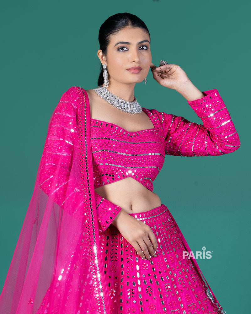Hot Pink Mirror Embellished Lehenga Choli with Dupatta