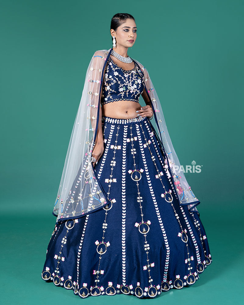 Navy Blue Embellished Lehenga Choli with Net Dupatta