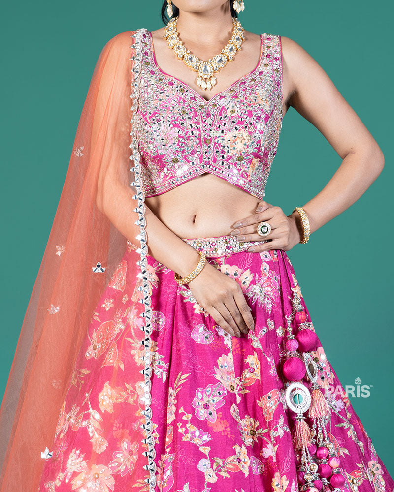 Magenta Mirror Embellished Lehenga Choli with Orange Dupatta