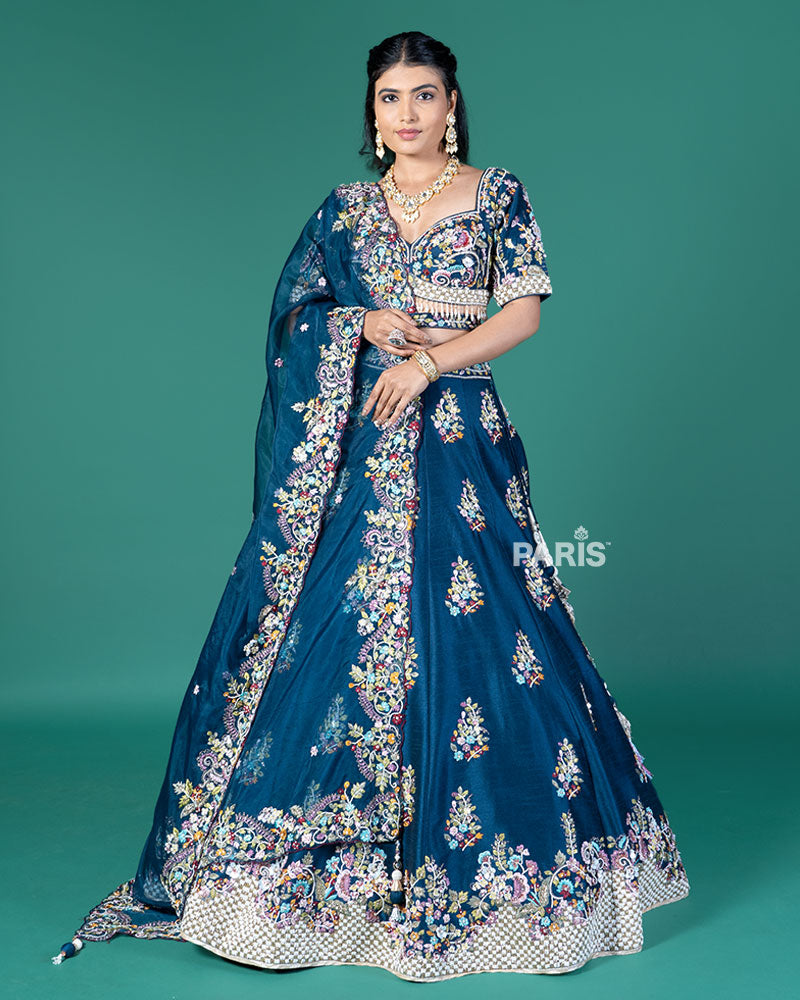 Blue Embroidered Lehenga Choli with Organza Dupatta
