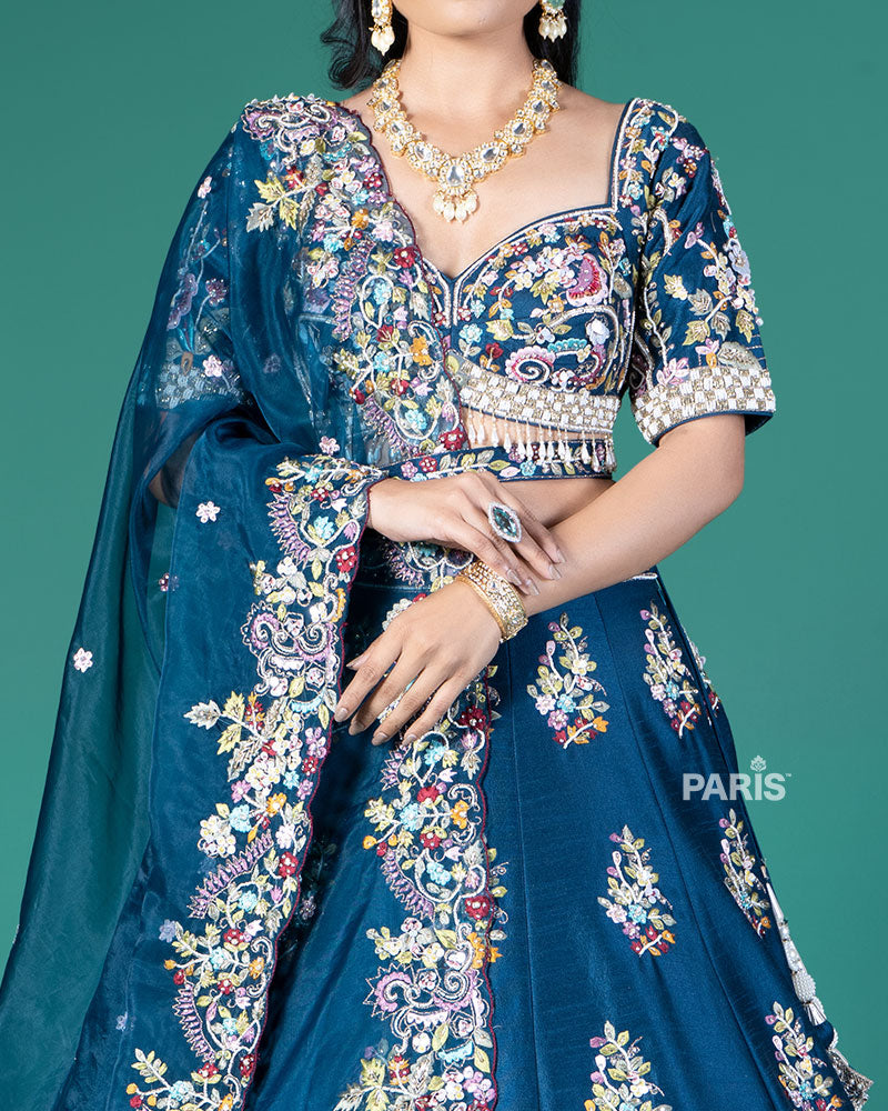 Blue Embroidered Lehenga Choli with Organza Dupatta