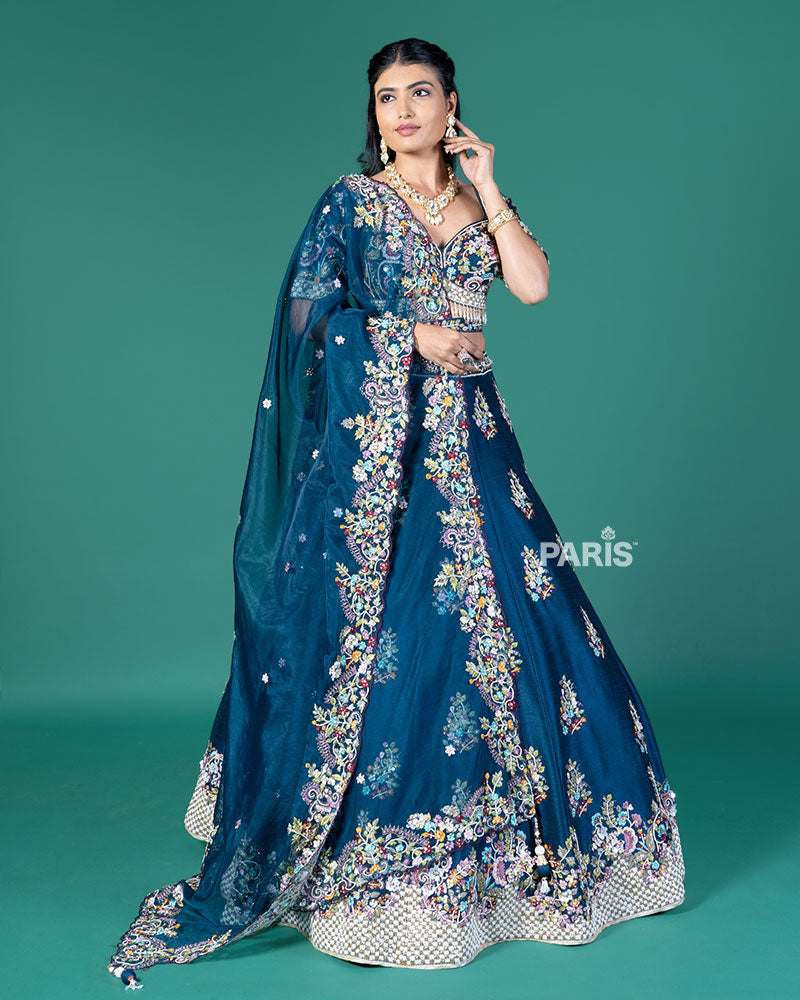 Blue Embroidered Lehenga Choli with Organza Dupatta