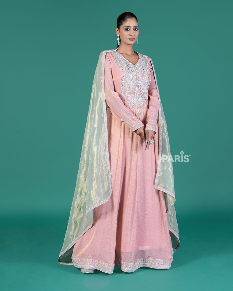 Dusty Rose Beaded Embellished Gown with Sage Green Dupatta