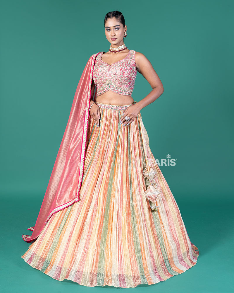 Multicolored Stripes Lehenga Pale Rose Choli with Dupatta