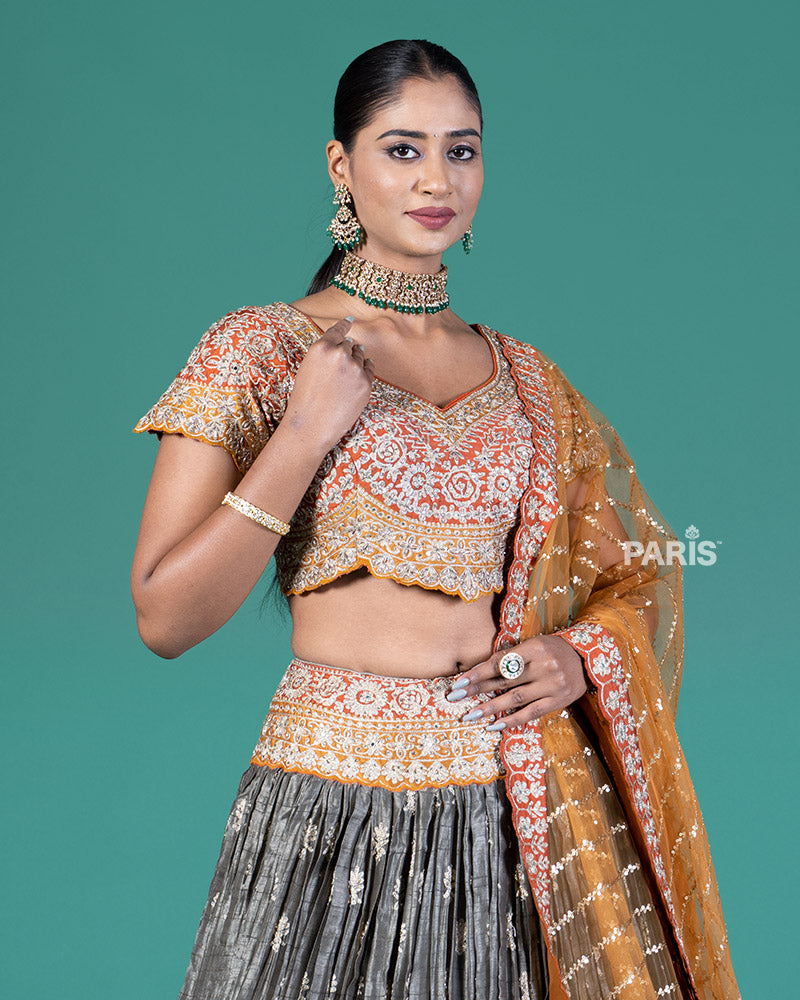 Burnt Orange and Grey Embellished Lehenga Choli with Dupatta
