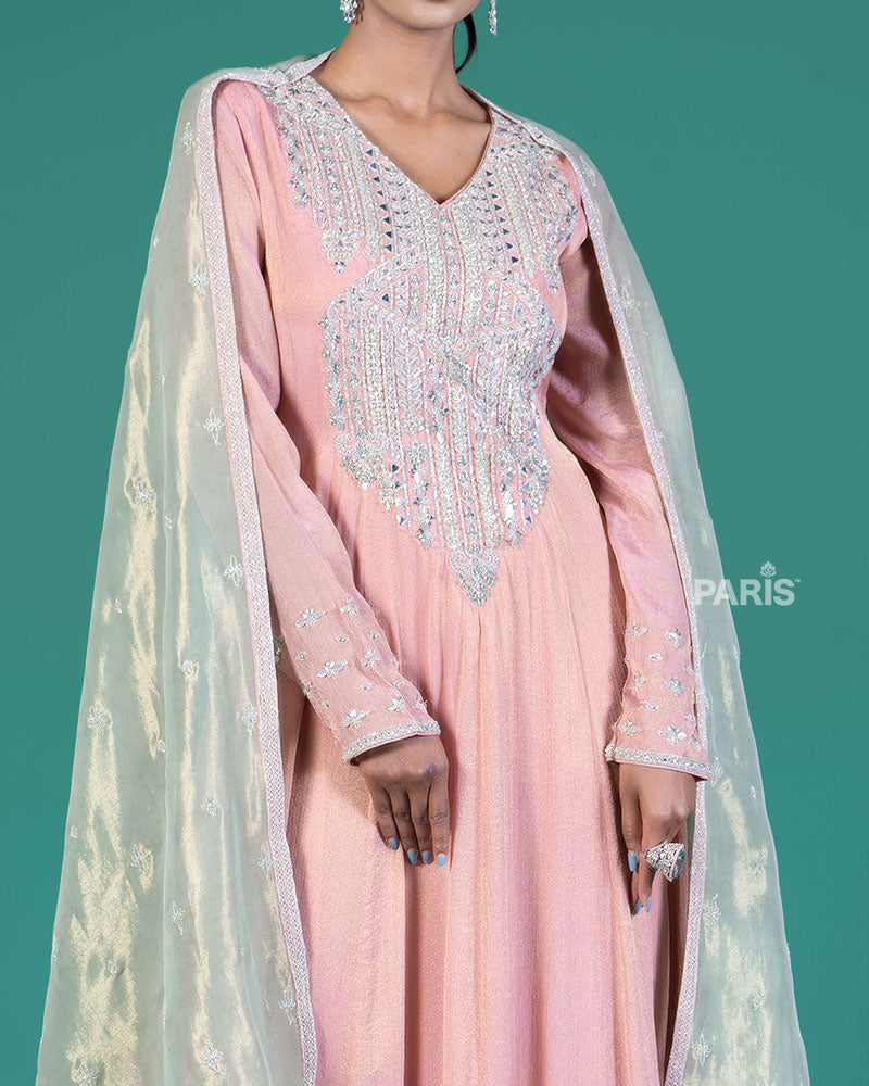Dusty Rose Beaded Embellished Gown with Sage Green Dupatta