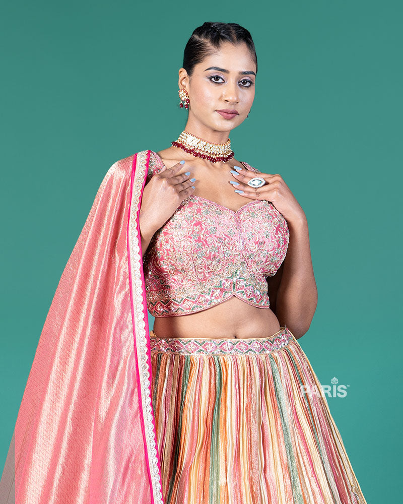 Multicolored Stripes Lehenga Pale Rose Choli with Dupatta