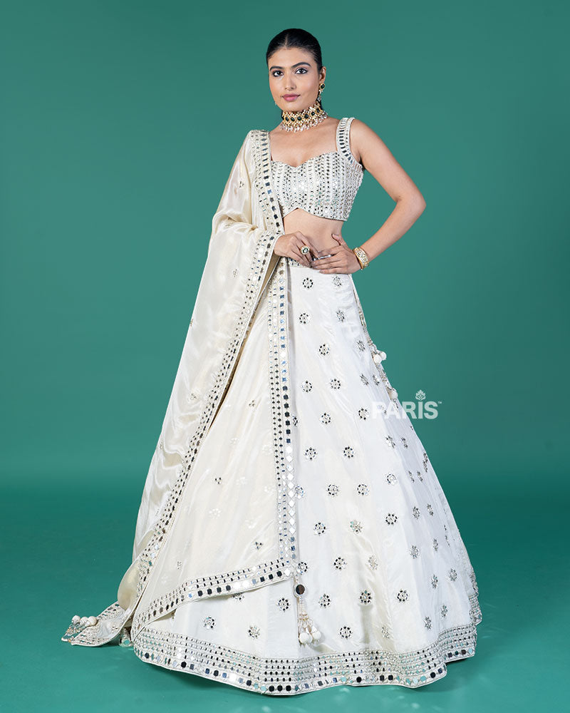 Off White Mirror Embellished Lehenga Choli with Dupatta