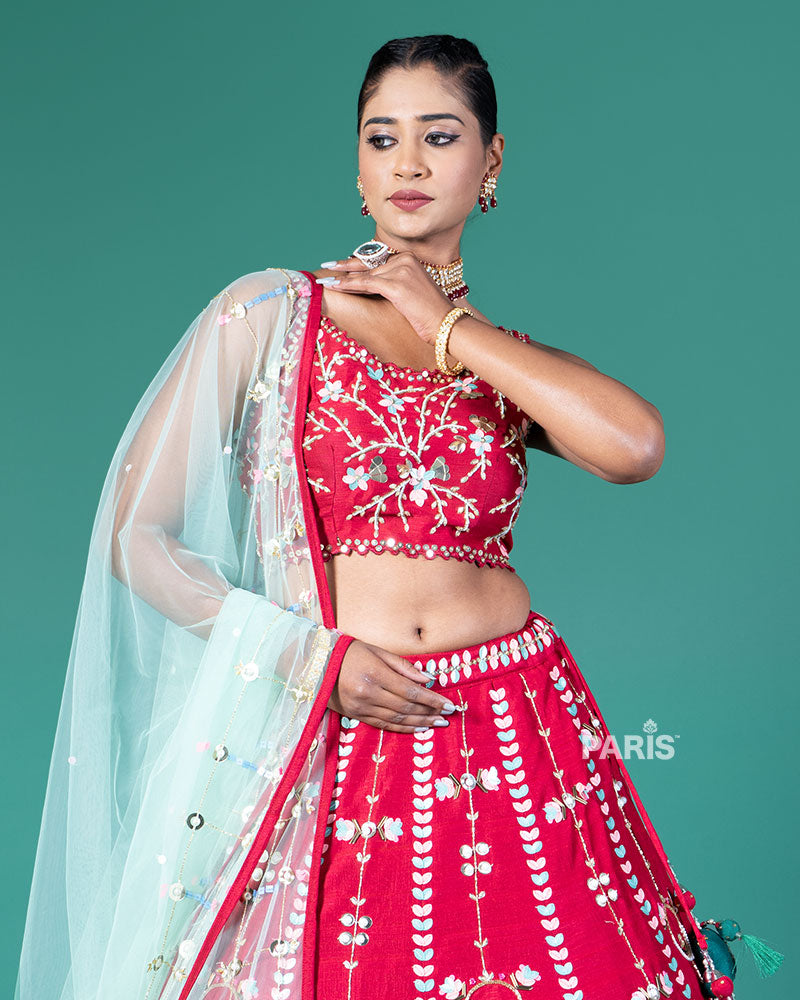 Red Embellished Lehenga Choli with Net Dupatta