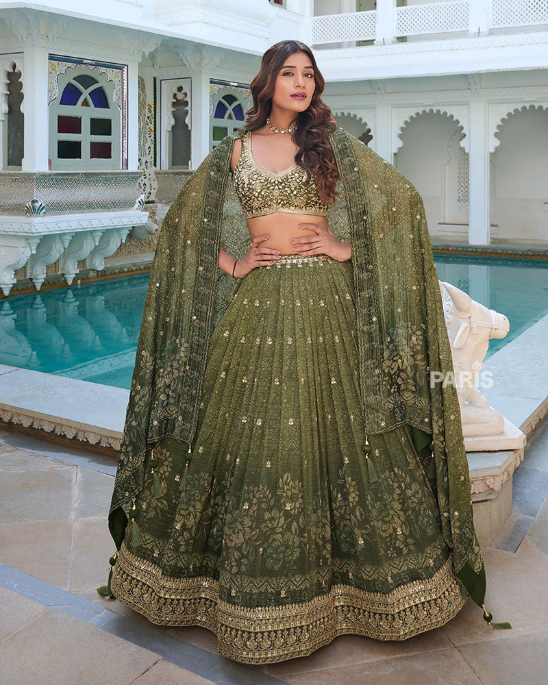 Mehendi Green Lehenga Choli with Exquisite Embroidered Zari Buti