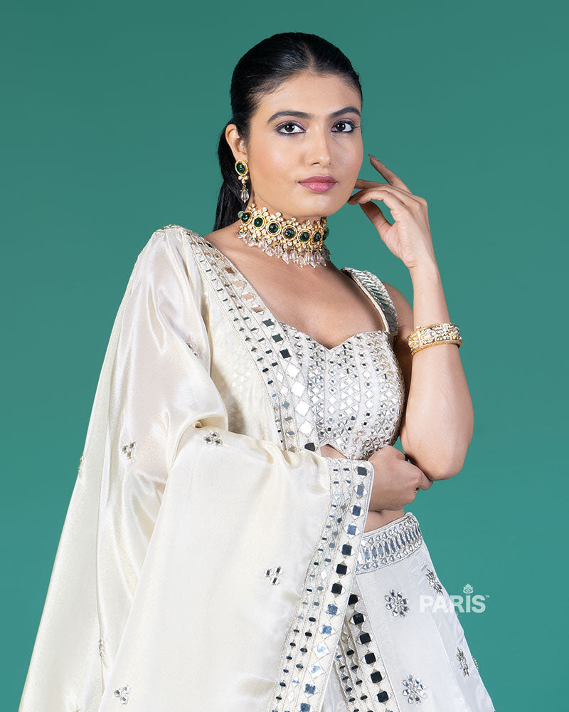 Off White Mirror Embellished Lehenga Choli with Dupatta