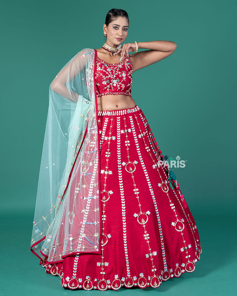 Red Embellished Lehenga Choli with Net Dupatta