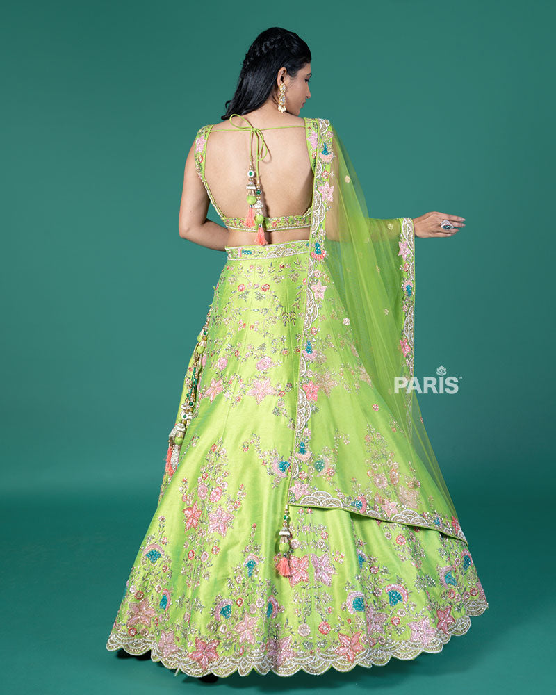 Lime Green Embellished Lehenga Choli with Net Dupatta